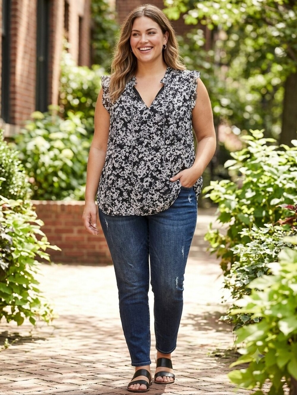 Lane Bryant Black & White Floral Sheer Ruffled Tank Top 18/20